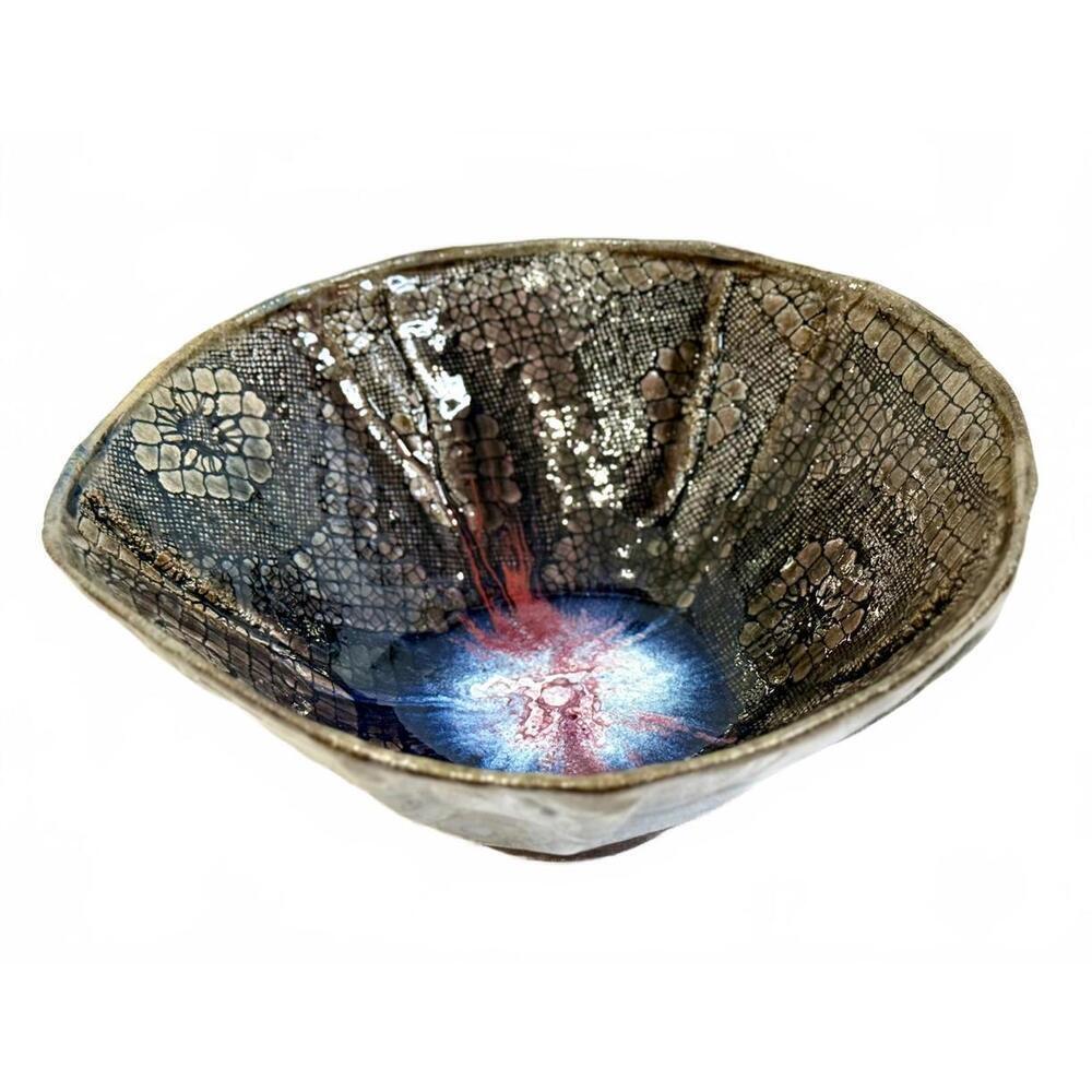 Handmade Lace Texture Studio Pottery Bowl Ceramic Centerpiece Blue Red Glaze